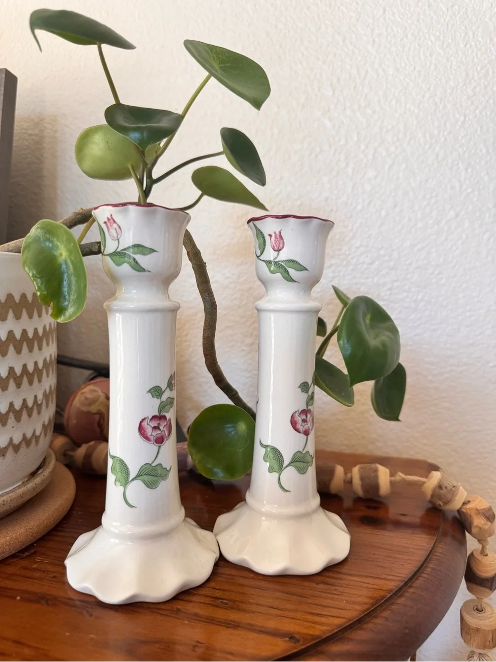 Vintage MANN Japan 1982 Floral Candlestick Holders Pair Cottagecore Porcelain